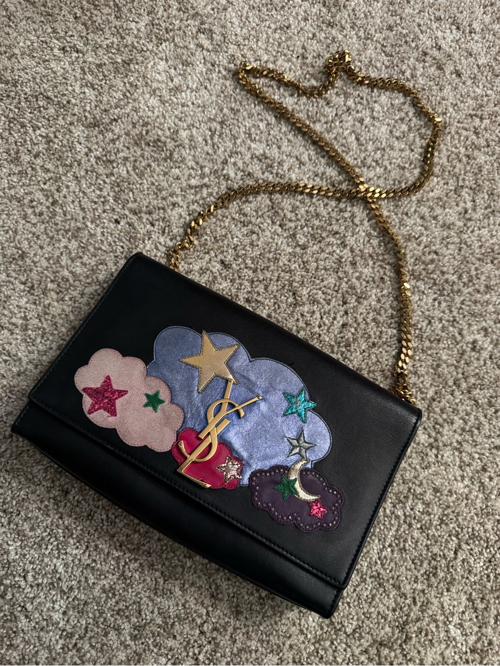 Saint Laurent Black Leather Chain Wallet with Multicolor Cloud & Star Appliqués